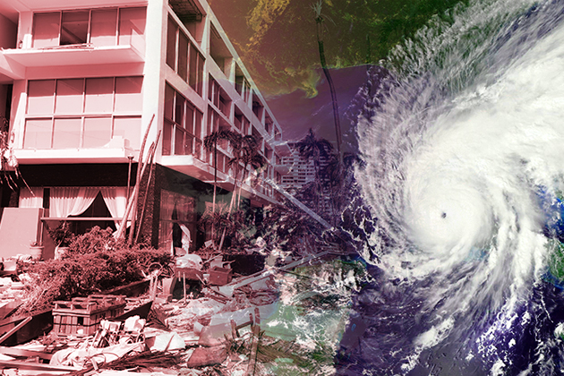 Aerial view of hurricane juxtaposed next to a damaged building